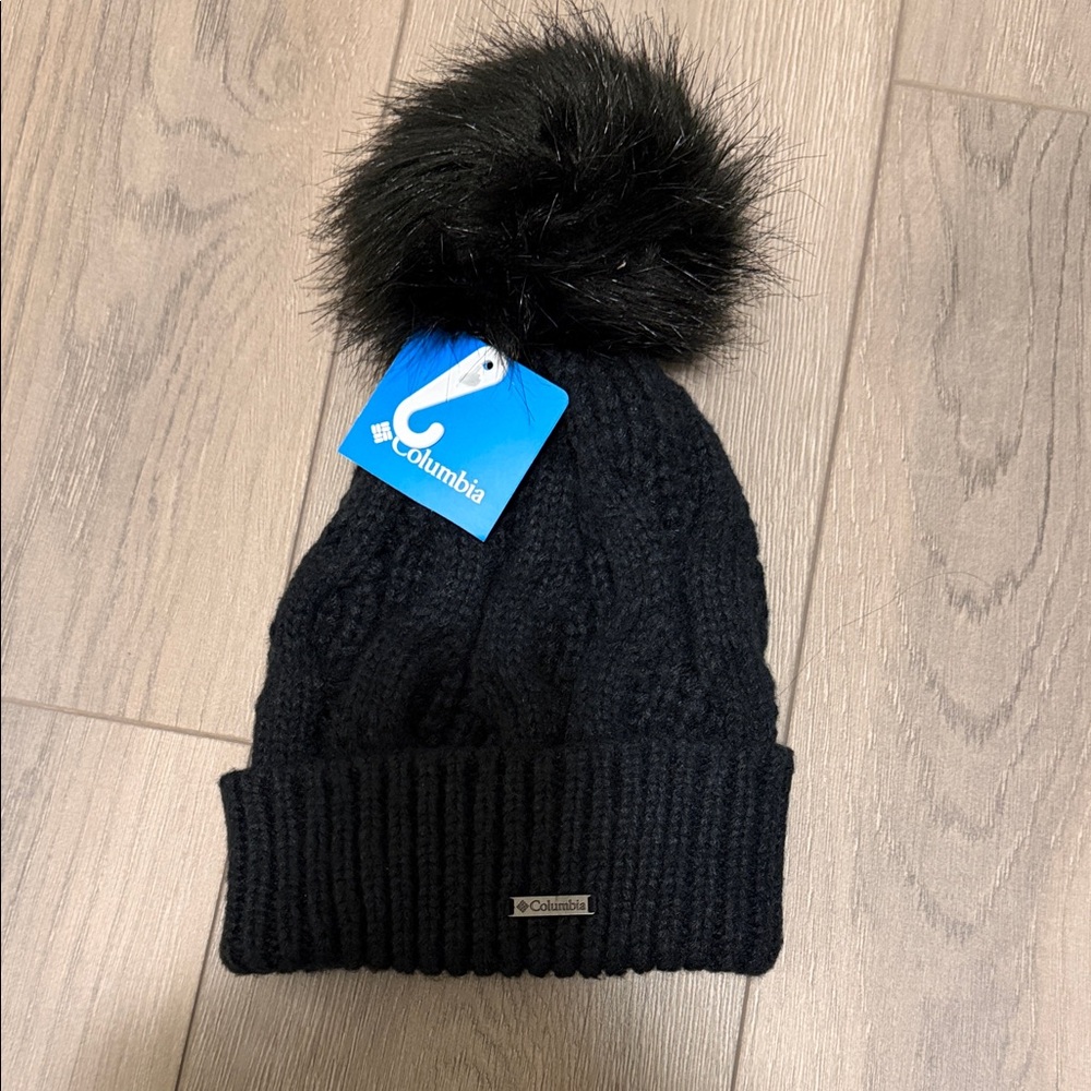Columbia Black Cable Knit Beanie with Pom